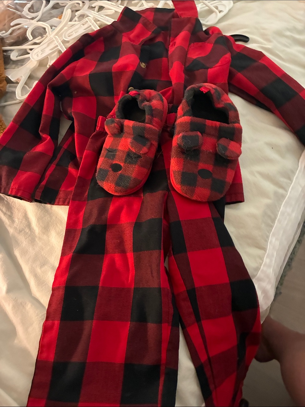 Kids Red and Black Buffalo Plaid Elastic-Waist Bottoms pajama set with slippers